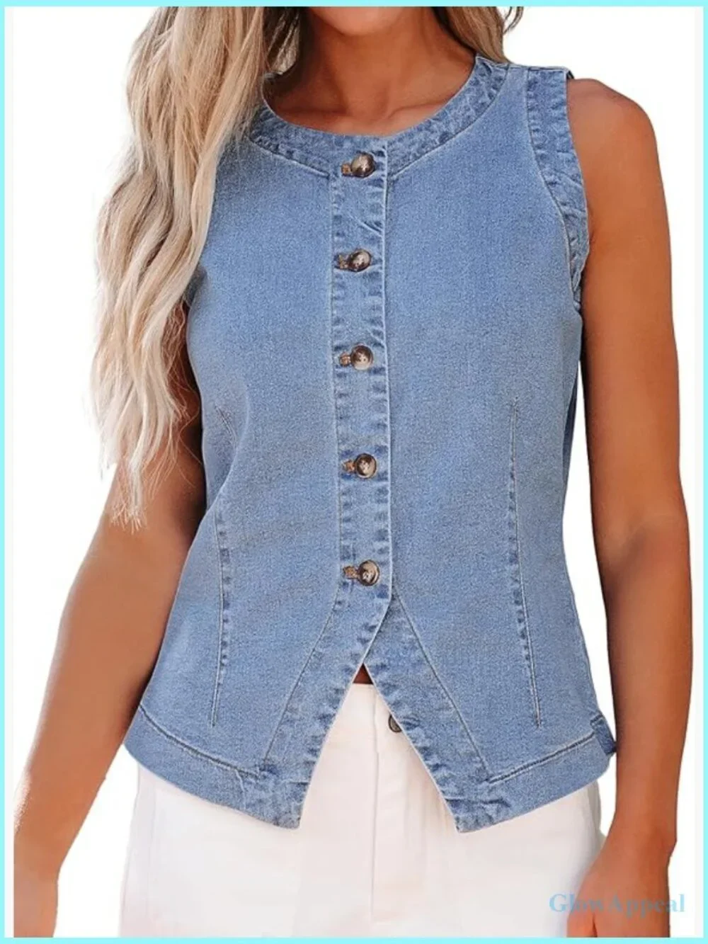 Sleeveless Denim Vest Button Down Crewneck Casual Summer Waistcoat